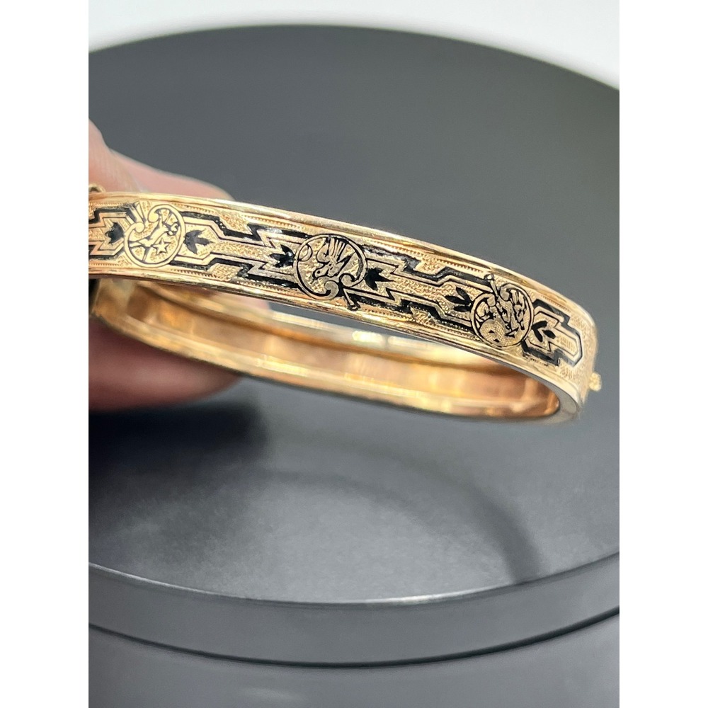 Antique Victorian Gold Filled Bracelet H&B PAT JULY 1874 Etched Floral Enamel